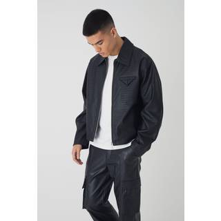 Mens Boxy Textured PU Collared Bomber Jacket In Black