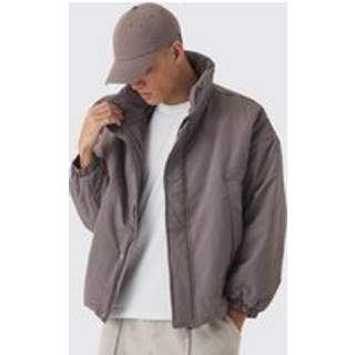 Mens Oversized Boxy Padded Funnel Neck Coat In Charcoal