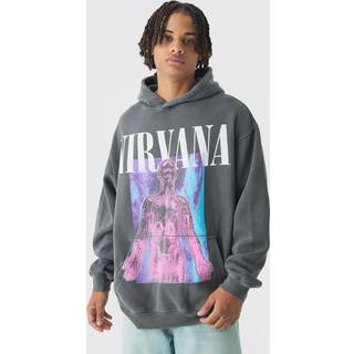 Mens Charcoal Oversized Nirvana Band Wash License Print Hoodie