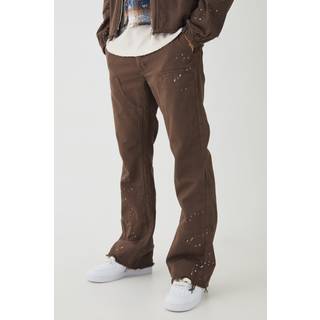 Mens Chocolate Relaxed Flared Carpenter Paint Splatter Trousers