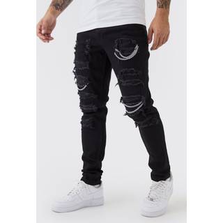 Mens Black Skinny Stretch Ripped Chain Jeans