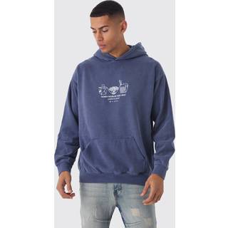 Mens Navy Regular Fit Ramen Noodles Line Drawn Graphic Washed Hoodie