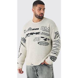 Mens Ecru Plus Distressed Moto Crew Neck Jumper