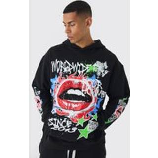 Mens Black Oversized Lip Graffiti Graphic Hoodie