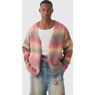 Mens Red Oversized Boxy Brushed Stripe Knitted Cardigan