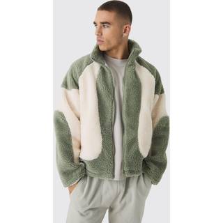 Mens Colour Block Borg Jacket In Sage