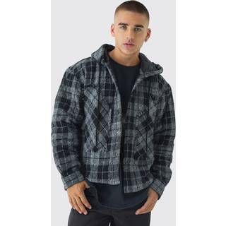 Mens Black Oversized Hooded Check Patchwork Padded Shirt