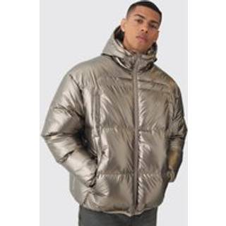Mens High Shine Hooded Quilted Puffer In Brown