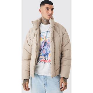 Mens Tall Abstract Quilted Funnel Neck Puffer Jacket In Stone