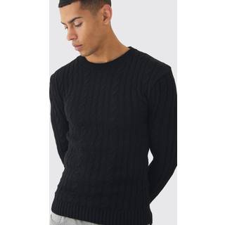 Mens Black Muscle Fit Cable Knit Jumper
