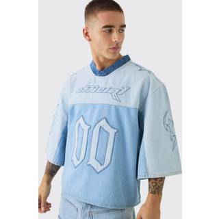 Mens Light Blue Oversized Embroidery Football Denim T-Shirt
