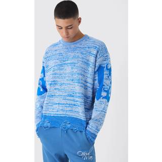Mens Blue Boxy Distressed Hem Cross Graphic Knitted Jumper