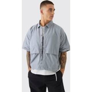 Mens Grey Oversized Boxy Pleat Front Peached Nylon Shirt