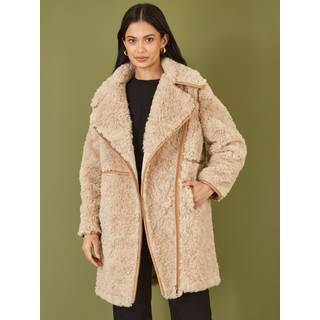 Yumi Yumi Natural Textured Borg Long Line Biker Coat