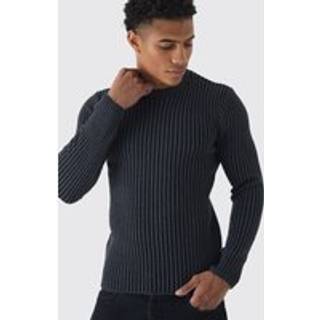 Mens Black Muscle Fit Ribbed Knit Jumper