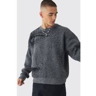Mens Charcoal Oversized Boxy Brushed Face All Over Jacquard Jumper