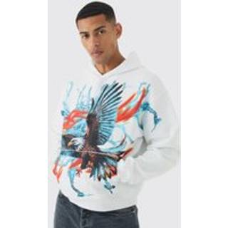 Mens White Oversized Boxy Large Scale Lightning Eagle Graphic Hoodie