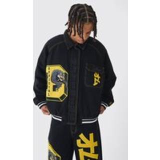 Mens True Black Oversized Denim Varsity Applique Bomber Jacket