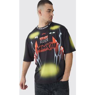 Mens Black Tall Oversized Boxy Closed Mesh Graffiti Moto Jacquard T-shirt