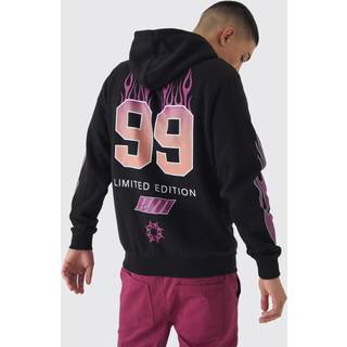Mens Black Regular Fit Moto Flame Print Zip Through Hoodie