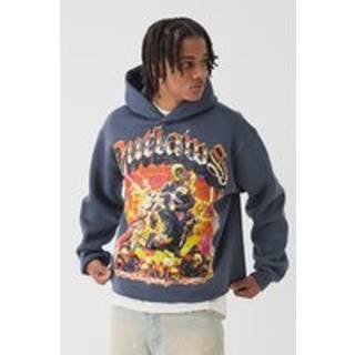 Mens Charcoal Oversized Boxy Outlaws Large Scale Graphic Hoodie