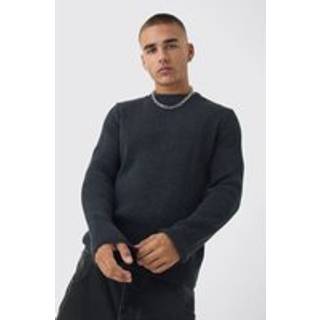 Mens Black Regular Crew Neck Plated Ribbed Knit Jumper