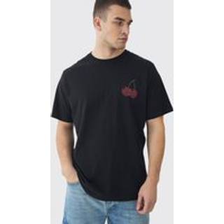 Mens Tall Oversized Cherry Rhinestone Printed T-Shirt In Black