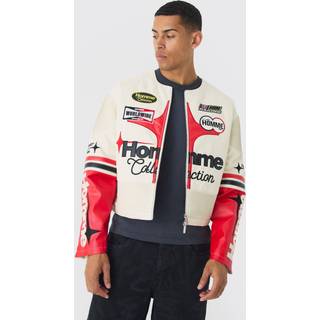 Mens Boxy Collarless Homme PU Moto Jacket In Ecru