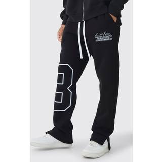 Mens Black Regular Split Hem Varsity Printed Jogger