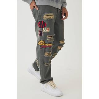 Mens Grey Relaxed Rigid Applique Badge Ripped Jeans