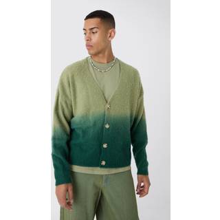 Mens Khaki Oversized Boxy Brushed Dip Dye Knitted Cardigan