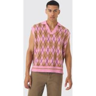 Mens Light Pink Oversized V Neck Argyle Fluffy Knit Vest