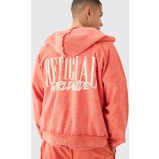 Mens Orange Oversized Boxy Reverse Loopback Printed Zip Through Hoodie