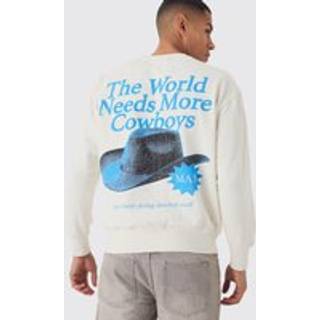 Mens Ecru Regular Fit Retro Western Cowboy Hat Graphic Washed Sweatshirt