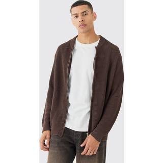 Mens Chocolate Regular Ribbed Fisherman Knit Bomber Jacket