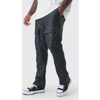 Mens Black Plus PU Coated Stacked Flared Gusset Cargo Jeans