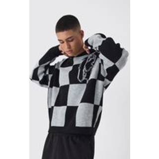 Mens Black Oversized Boxy Jacquard 13 Checkered Knitted Hoodie