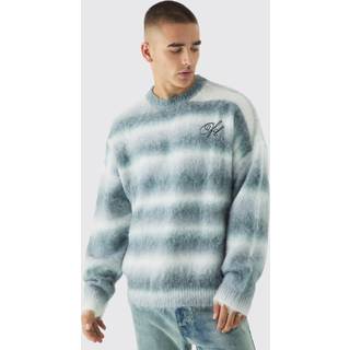 Mens Light Grey Oversized Boxy OFCL Brushed Ombre Stripe Knitted Embroidered Jumper