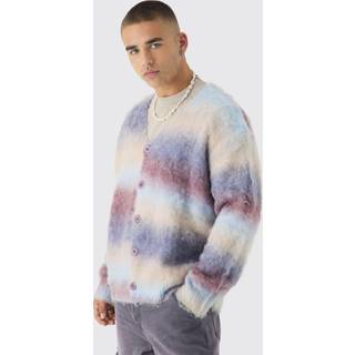 Mens Ecru Oversized Boxy Brushed Ombre Stripe Knitted Cardigan