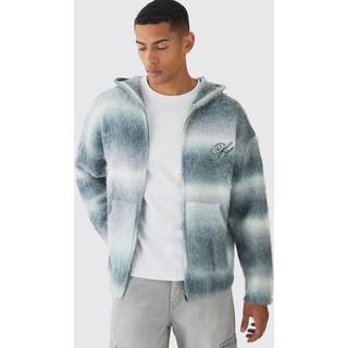 Mens Light Grey Oversized Boxy OFCL Brushed Ombre Stripe Knitted Zip Through Embroidered Hoodie