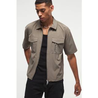 Mens Chocolate Technical Stretch Oversized Boxy Zip Through Pocket Detail Shirt