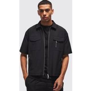 Mens Black Technical Stretch Oversized Boxy Zip Through Pocket Detail Shirt