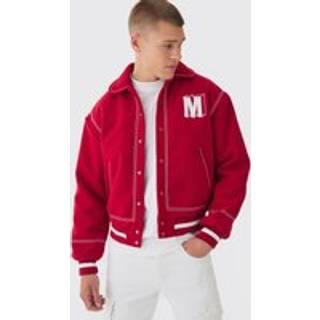 Mens Boxy Stitch Detail Melton Varsity Jacket In Red