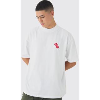 Mens White Oversized Heavyweight Dice Embroidered T-Shirt