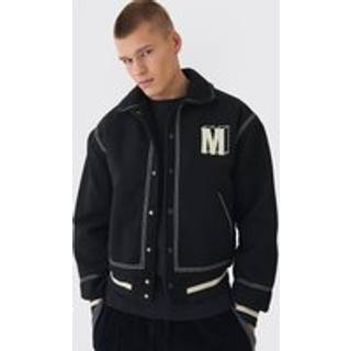 Mens Boxy Stitch Detail Melton Varsity Jacket In Black