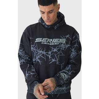Mens Black Tall Oversized Boxy All Over Print Hoodie