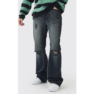 Mens Washed Black Tall Rigid Flared Distressed Jeans