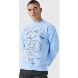Mens Dusty Blue Regular Fit Breakfast Club Line Drawn Graphic Washed Sweatshirt