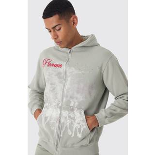 Mens Ecru Regular Fit Washed Horse Print Zip Through Hoodie