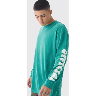 Mens Green Oversized Washed Official Printed Long Sleeve T-Shirt